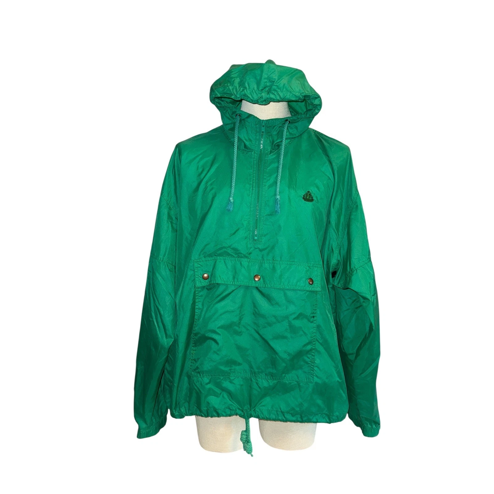 Izod Vintage Green Nylon Windbreaker | Half Zip Hooded Pullover | XL