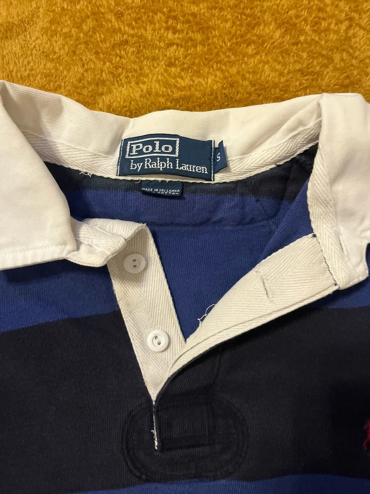 Camisa Polo Ralph Lauren Rugby Vintage Talla L Años 90 Negro Azul Rayas Rugby Polo Foto 2 de 4