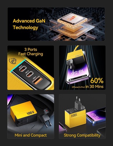 WEKOME 100W Type C GaN Charger Quick Charge 4.0 3.0 USB PD Fast Charger + line - Photo 3 sur 15