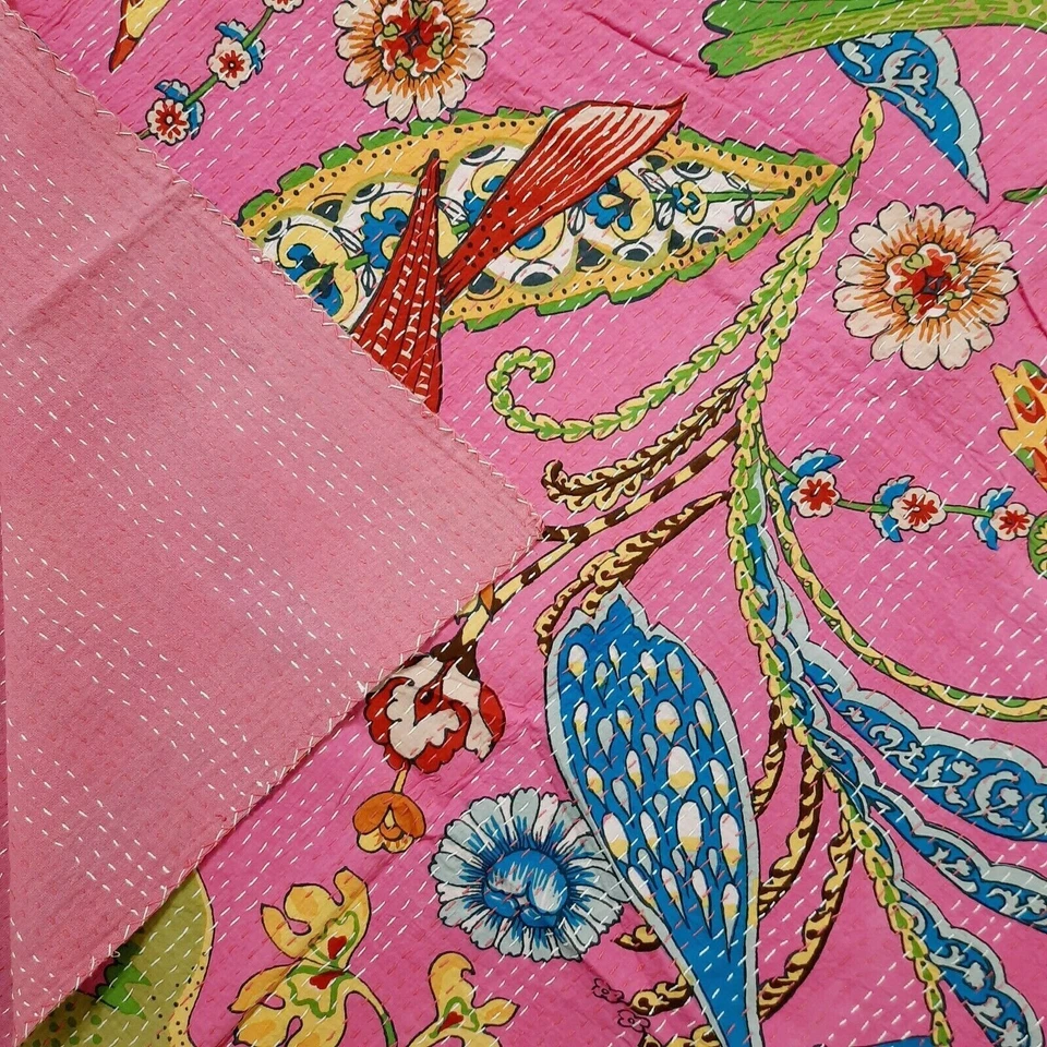 Indian Kantha Peacock Quilt Bedspread Bohemian Nature Throw Blanket Bedding Art - Image 2 of 4