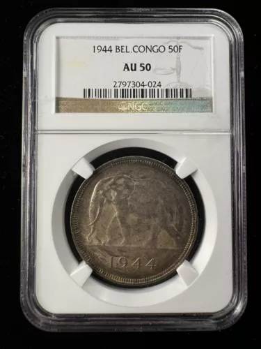 1944 Belgian Congo 50 Francs NGC AU 50