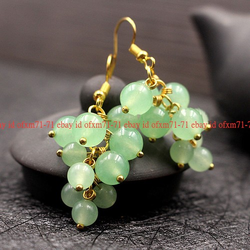 4/6mm Natural Green Aventurine Gems Round Beads Grape Dangle Gold Hook Earrings - Picture 3 of 10
