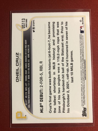 2022 Update Base #US113 Oneil Cruz - Pittsburgh Pirates - Picture 2 of 2