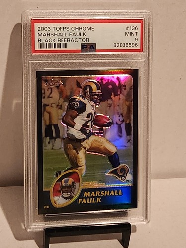2003 Topps Chrome 136 Marshall Faulk Black Refractor /599 PSA Mint 9 Rams POP 5 - 第 2/5 張圖片