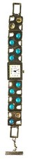 Vintage Geneva Watch Square Face Segmented Metal Band Faux Turquoise Dots Japan