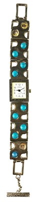 Vintage Geneva Watch Square Face Segmented Metal Band Faux Turquoise Dots Japan