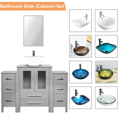 48'' Bathroom Vanity Set Vessel Glass/Ceramic Sink Cabinet Combo No Mirror