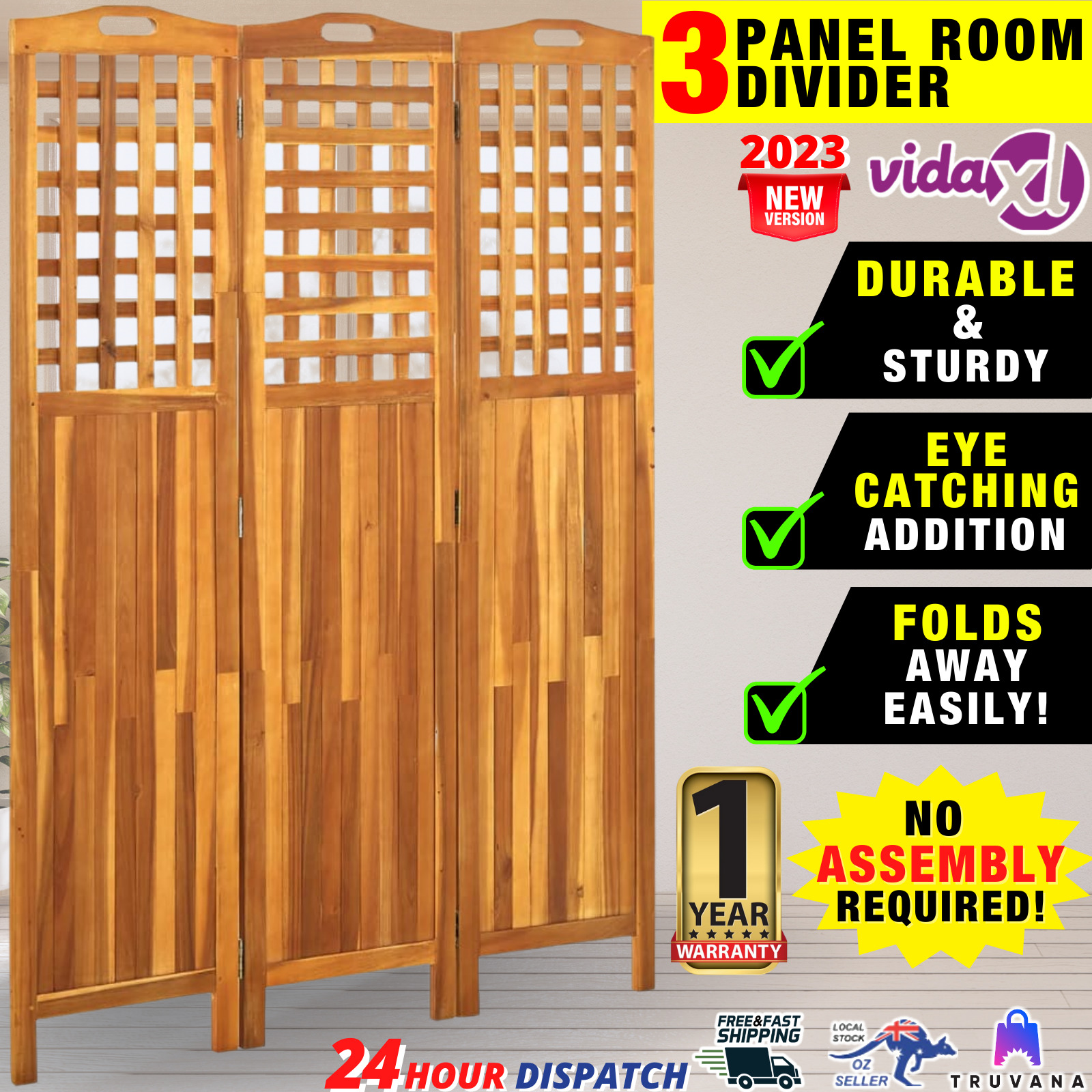3 Panel Wooden Room Divider Privacy Screen Partition Folding Outdoor & Indoor AU