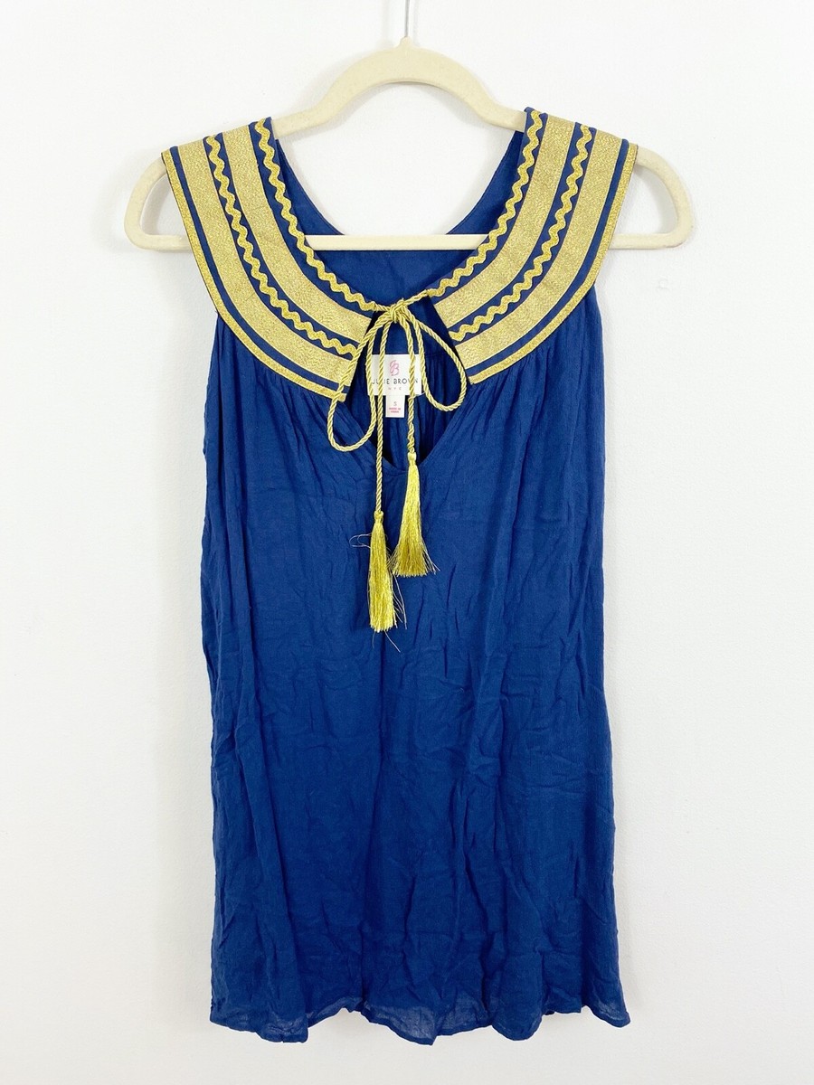 Julie Brown NYC Shift Tunic Dress Blue Gold Embroidery Neckline Size Small Rayon Julie Brown NYC Shift Tunic Dress Blue Gold Embroidery Neckline Size Small Rayon