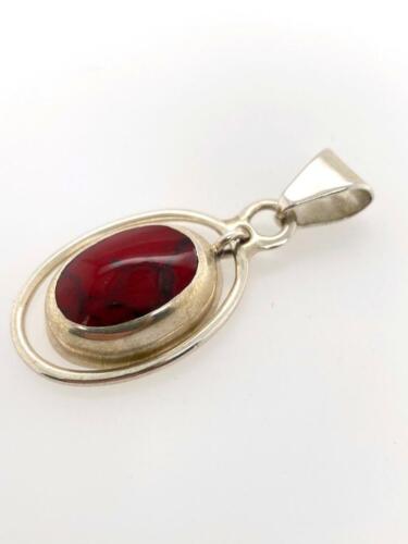 Vintage Sterling Silver Red Jasper Modernist Oval Pendant Necklace Mexico 925 - Picture 3 of 4