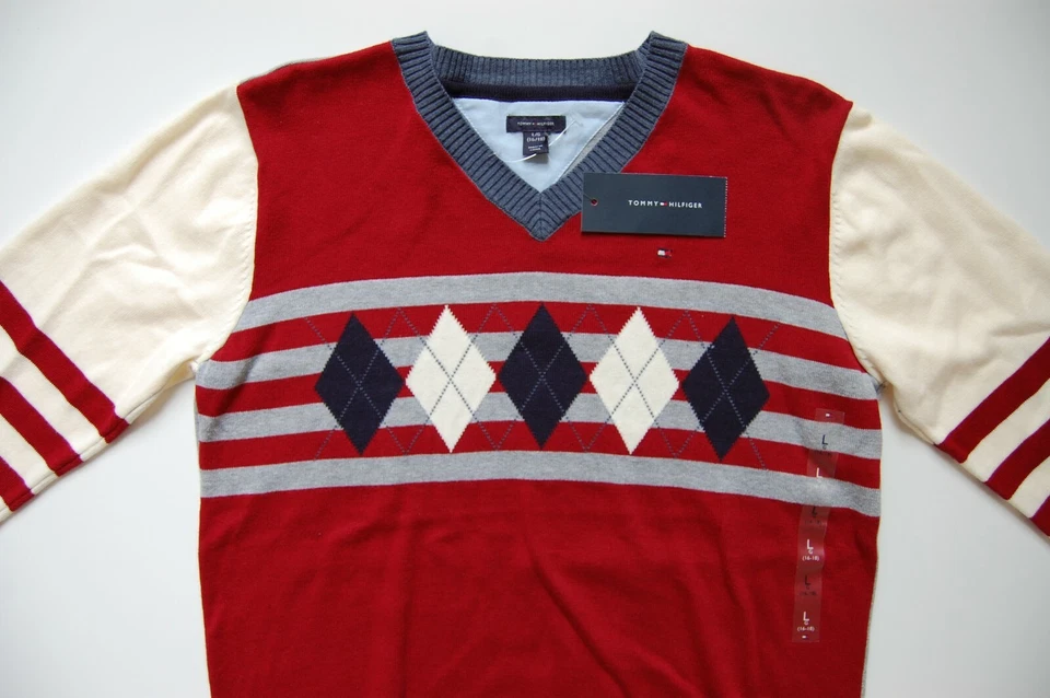 Suéter tejido Tommy Hilfiger cuello en V para niños, 100 % algodón, talla L (16/18), nuevo con etiquetas Foto 2 de 4
