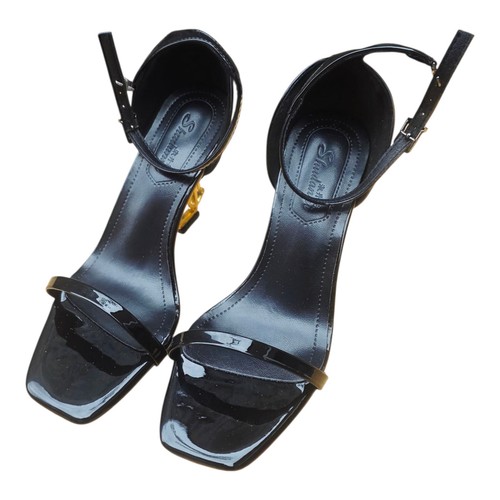 Schwarze Lackleder High Heel Sandalen Gold Logo Absatz, Riemchen Fesselriemchen UK2,5 - Bild 2 von 12