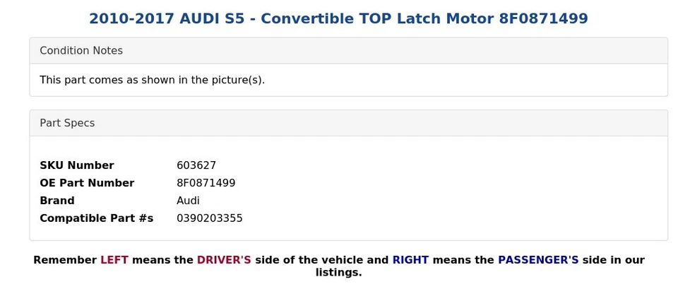 2010-2017 AUDI S5 - Motor de trava conversível TOP 8F0871499 - Imagem 4 de 4