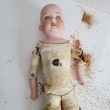 Antique Doll German Bisque Jointed Leather Body Needs Repair Sleep Eyes Teeth
