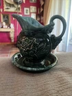 Hull Pottery USA Teal Green Drip Glaze A50 A51 Embossed Rose Basin Pitcher Set .
