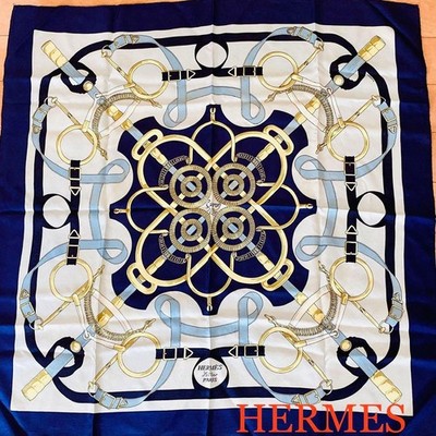 HERMES Carre 90 Silk Eperon d'or Scarf Navy Women | eBay