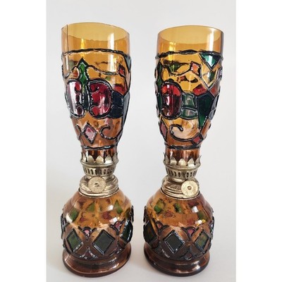 VTG Amber Glass Lanterns Pair   Sailboat Brand Hong Kong   Stained Glass Style