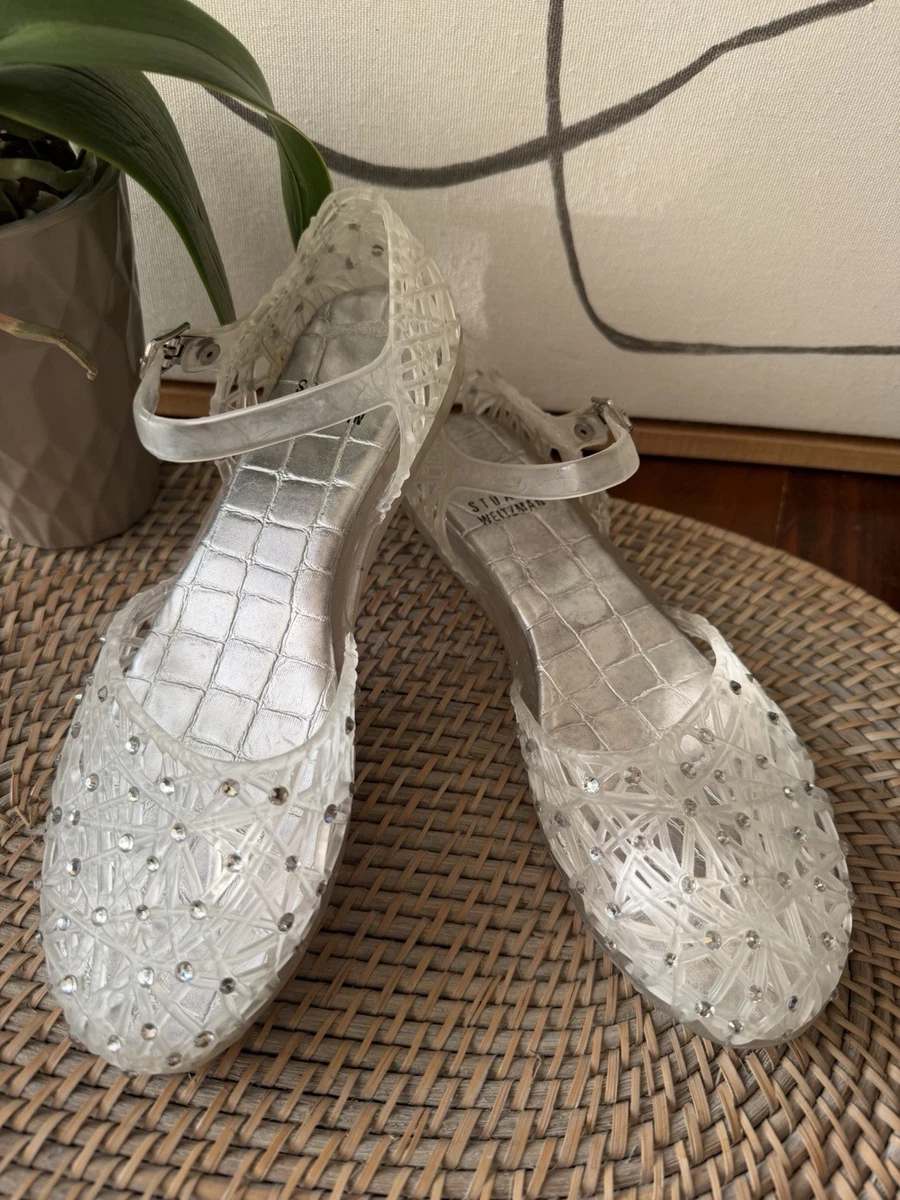 Sandales Stuart Weitzman Bridget En Nappa Argenté Avec Glissières Transparentes - Pointure 9.5 - Neuf