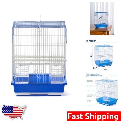 Flat Top Bird Cage 12x9x15'' Blue White, Travel, Small Birds, 5pc Accessory Set