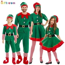 Elf Costume Christmas Santa Helper Adult Xmas Dress Claus Set Green Outfit Kids