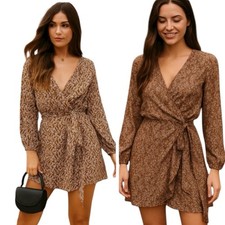 Free People Brown Microfloral Wrap Mini Dress Size XS fall dress