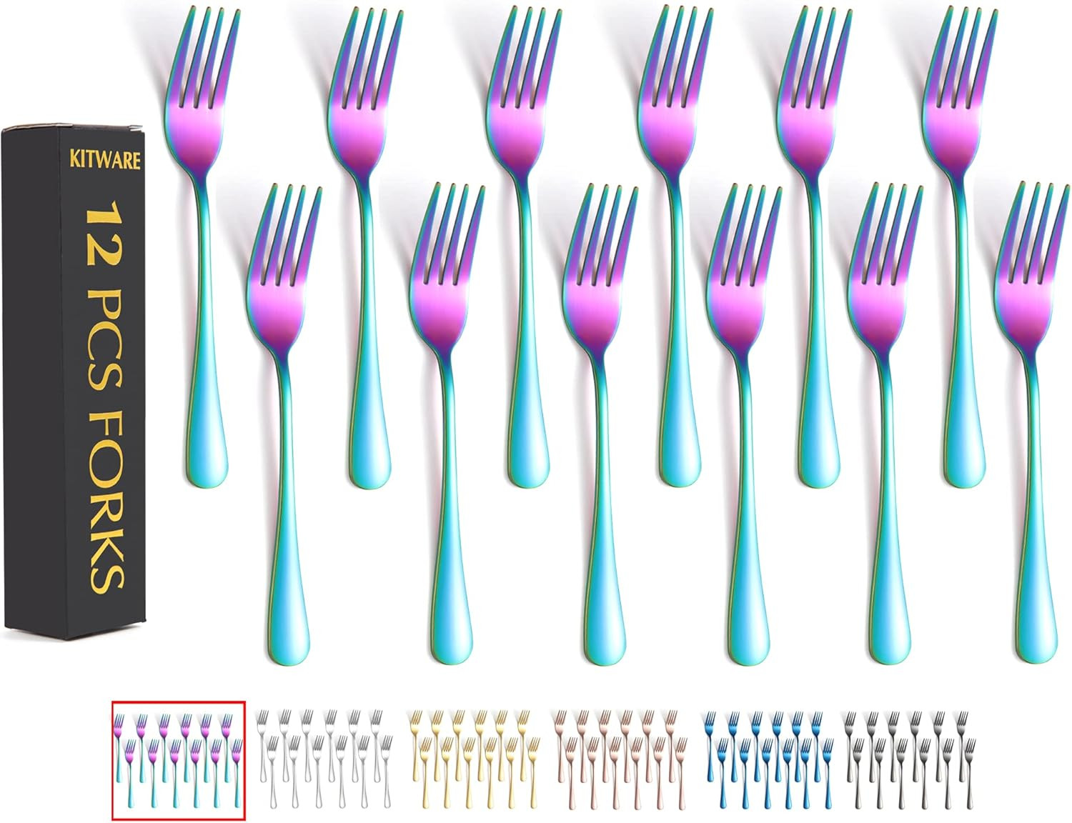 Rainbow Fork Set of 12 Pieces, Iridescent Silverware Salad F