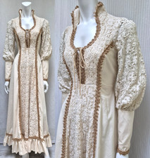 VTG 70 s GUNNE SAX Jute Floral Crochet Cream Corset Lace Up Maxi Prairie Dress