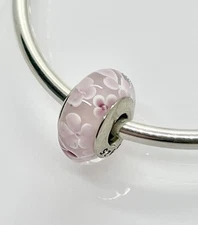 Floral Pink Murano Glass Charm Petal Rose Flower Genuine 925 Sterling Silver