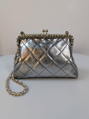 Chanel Vintage Metallic Silver Quilted Lambskin Kisslock Frame Bag (Mini Clutch)