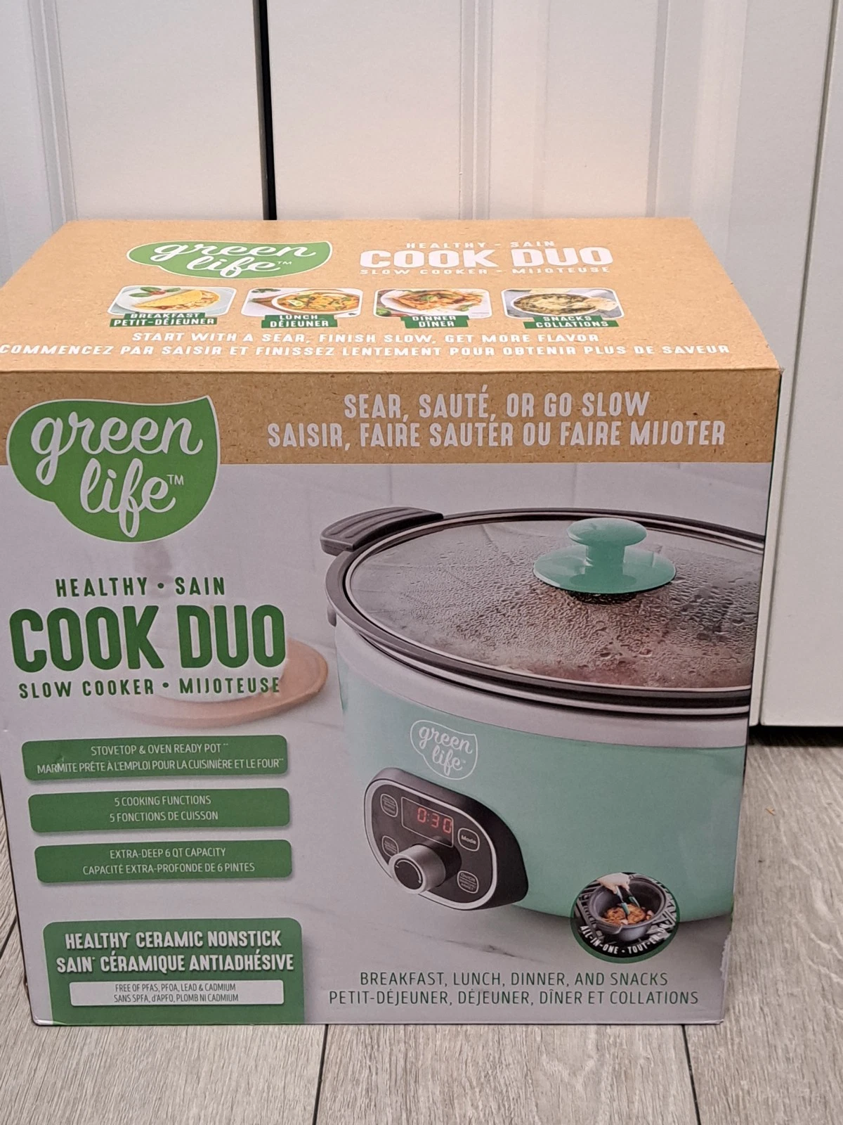 NEW- 5 Quart Green Life Healthy Cook Duo Slow Cooker, Nonstick PFAS-Free