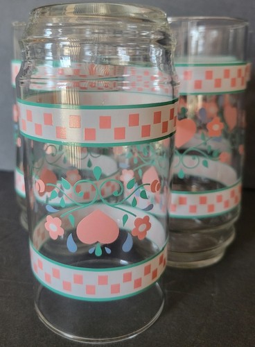 Country Hearts Pink Gingham Checkered Drinking Glasses Farm Set Of 5 16oz EUC - Picture 8 of 9