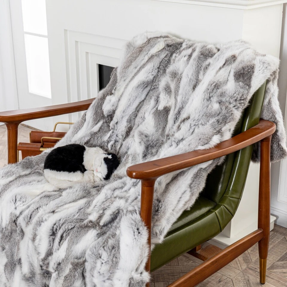 Real Natural Tanned Rabbit Fur Couch Throw Blanket Soft Luxury Bedspread 20x79'' - Image 3 of 4
