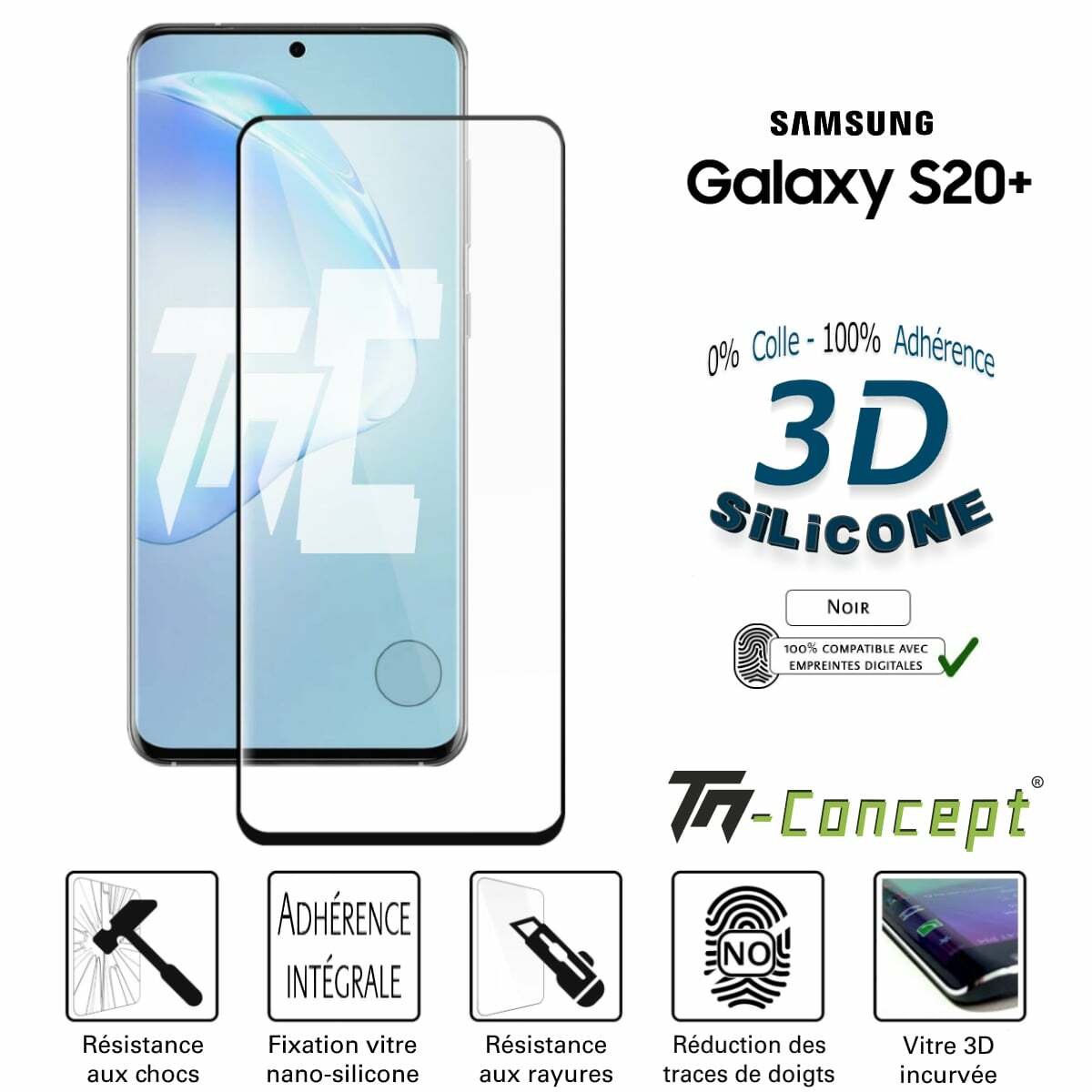 Verre trempé S20 Plus TM-Concept noir avec protection d'empreinte