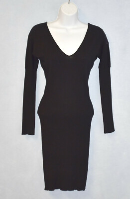 B6 Auth GIANFRANCO FERRE Black Ribbed Knit Crystal Embellished Logo Dress Sz XS