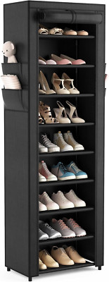 Shoe Rack w/ Cover & 4 Side Pockets Narrow Shoe Organizer, 10-Tier Shoe Storage