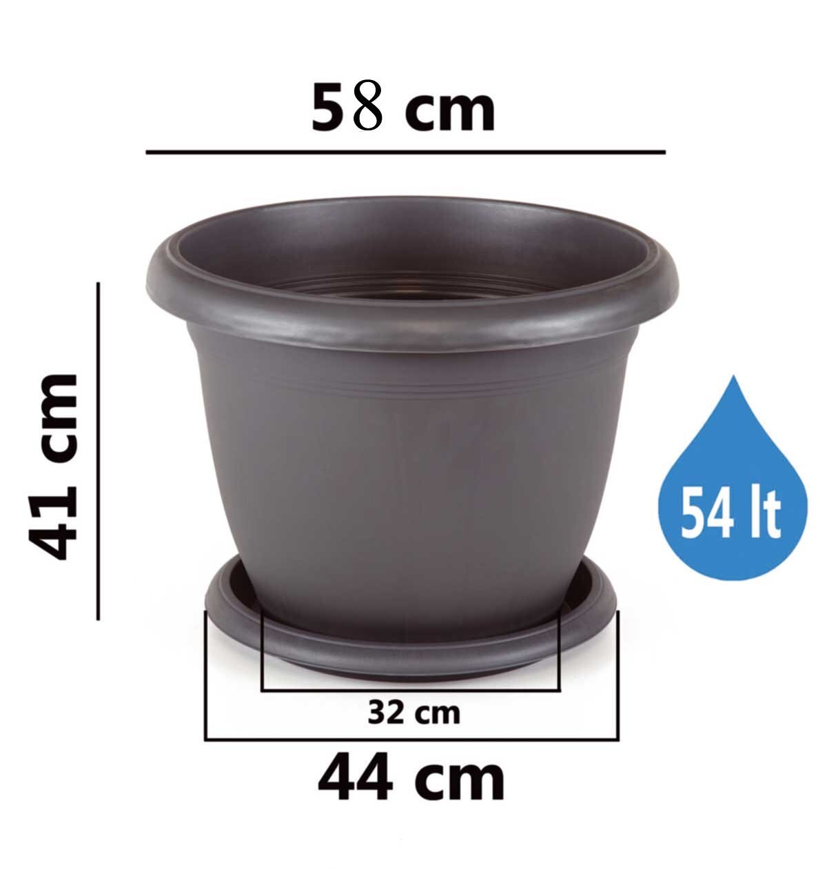 Maceta Redonda Grande 58 cm diámetro, Maceta con Plato, 54 litros, Macetero