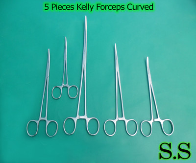 5 Pieces Kelly Hemostat Forceps Curved 5.5''+6.5''+7''+8''10'' Surgical Instrument