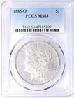 1885-O MORGAN DOLLAR  90% SILVER PCGS MS63 UNCIRCULATED BLUE LABEL $130 VALUE