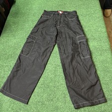 Vintage 90s Y2K Kik Wear Black Baggy Wide Leg Cargo Rave Pants Fits Size 32 USA