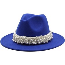 Classic Fedora Hats for Women Panama Hat with Pearl Band Wide Brim Wool Felt Hat