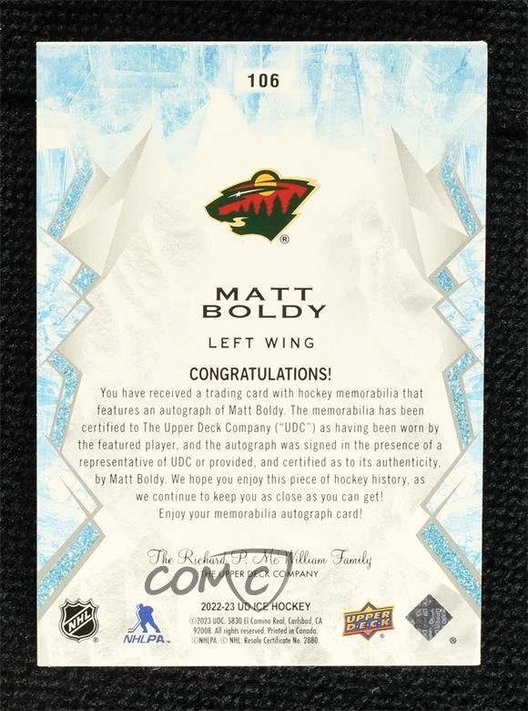 2022-23 Upper Deck Ice Rookies Gold /99 Matt Boldy #106 RPA Rookie Patch Auto RC - Image 2 of 2