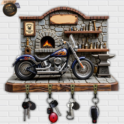 Wand Schlüsselanhänger 30cm - Rennmotorrad Flammen Organizer 2D 4 Haken Eingang