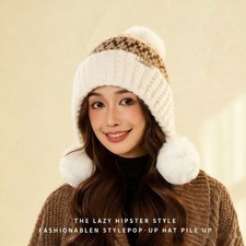Image of Winter Womens Knitted Beanie Hat with Ear Flaps and Decorative Ball Detail