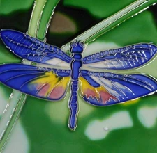 Dragonfly  hand painted ceramic art tile 6 x 6 inches with fiberboard back
