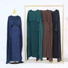 Muslim Women Maxi Dress Long Cape Sleeve Evening Gown Arab Abaya Kaftan 2Pcs Set