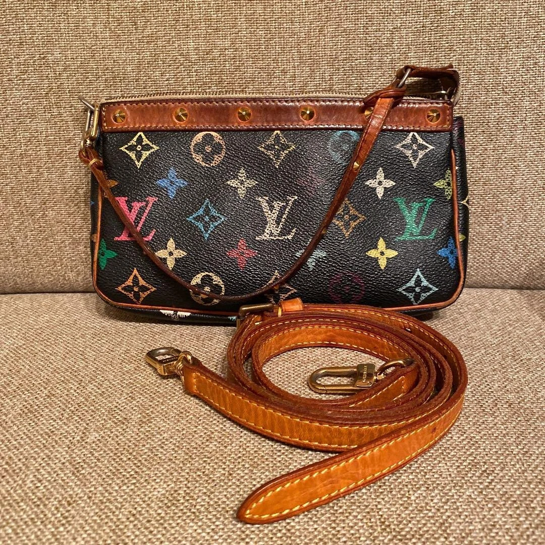 LOUIS VUITTON Monogram Mini Pochette Accessoires Gold Buckle Chain Shoulder  Bag Brown