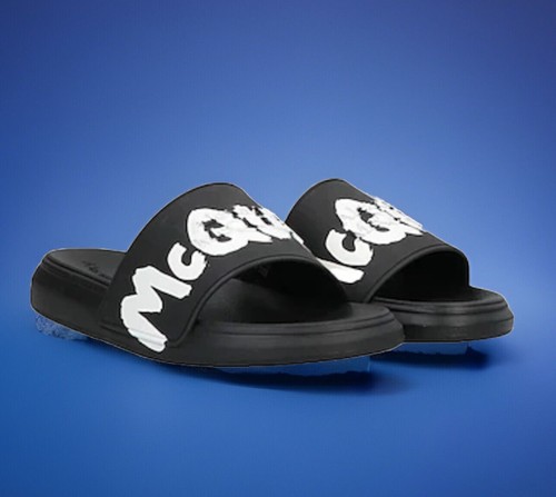 $350 Alexander McQueen Graffiti Rubber Pool Slides Black White Sandals Size 43.5