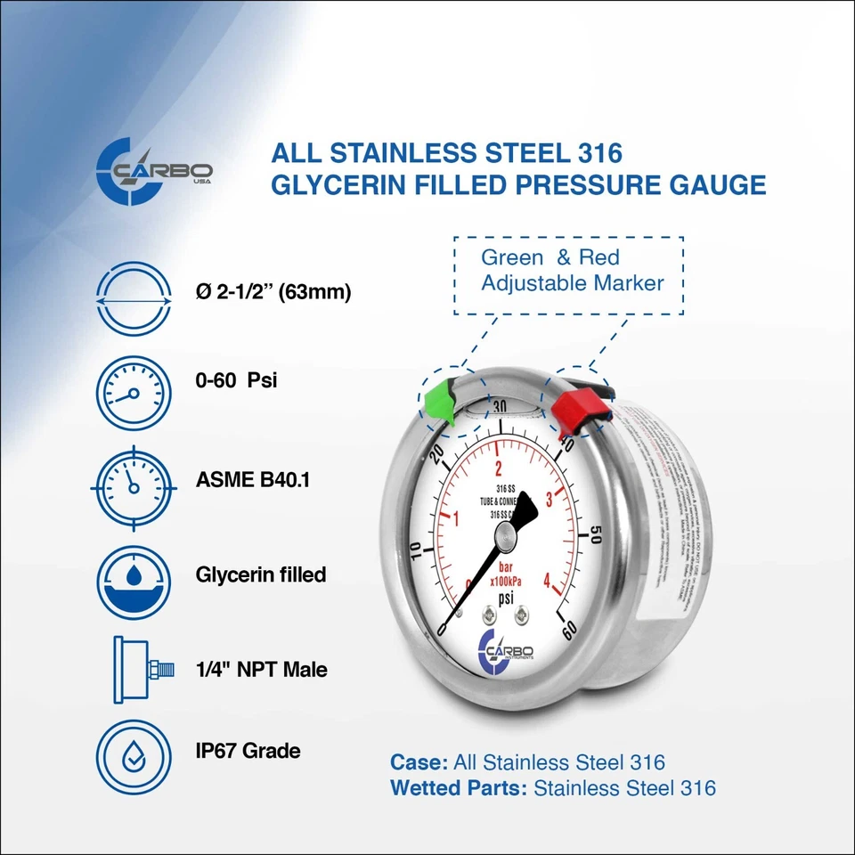 2-1/2" Pressure Gauge, ALL STAINLESS STEEL, Liquid Filled, Back Mnt, 60 Psi - Image 2 of 4