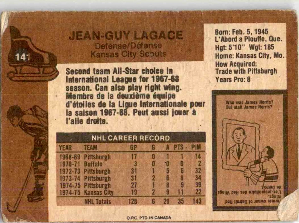 1975-76 O-Pee-Chee Jean-Guy Lagace #141 - Image 2 of 2