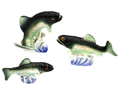 3 Vintage Miniatur handbemalte Porzellan Bone China Fische - Regenbogenforelle - 2''